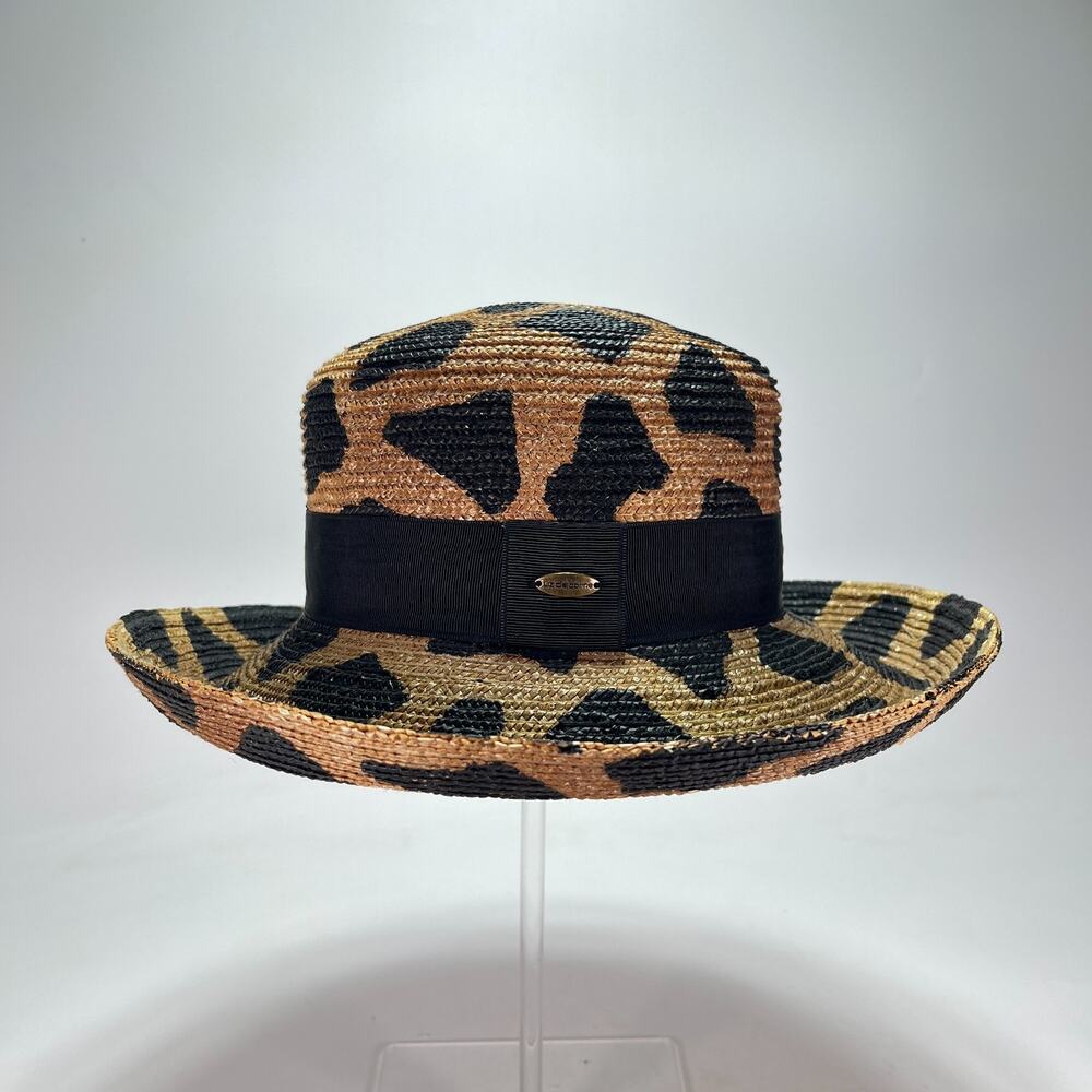 Liz Claiborne Natural Leopard Cheetah Print Panama Fedora Grosgrain Straw Hat